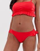 Asos Design Glam Frill Bikini Bottom In Red - Red
