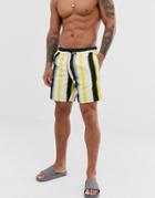 Asos Design Swim Shorts In Yellow And Green Stripe Mid Length - Multi