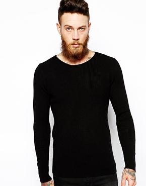 Asos Crew Neck Sweater In Stretch Rib - Black