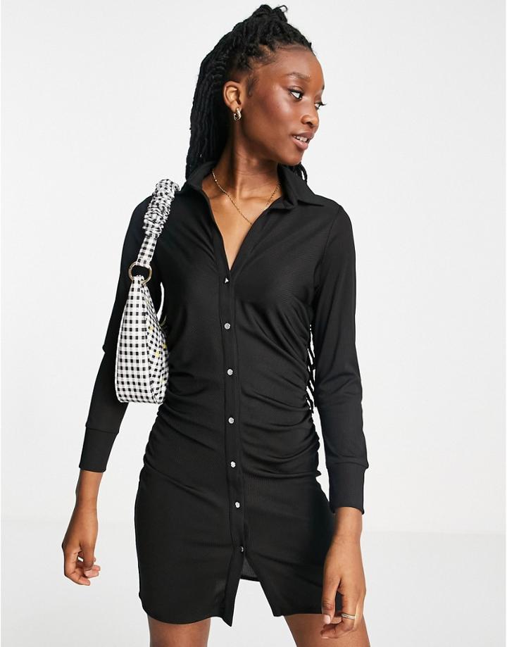 Miss Selfridge Ruched Front Polo Button Down Dress In Black