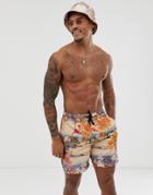 Asos Design Two-piece Swim Shorts In Souvenir Print In Mid Length-beige
