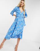 Liquorish Midi Dress With Long Sleeves In Blue Floral Print-blues