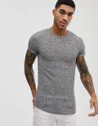 Asos Design Muscle Longline T-shirt With Curved Hem And Roll Sleeve In Interest Rib - Gray