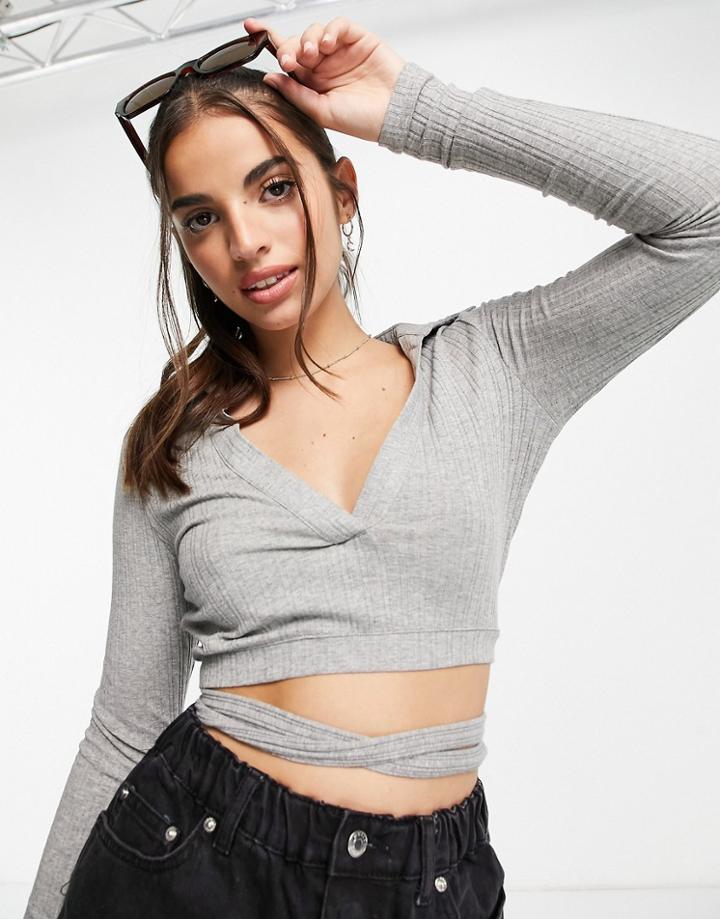 Skylar Rose Long Sleeve Open Back Crop Top With Collar And Tie Waist-grey
