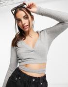 Skylar Rose Long Sleeve Open Back Crop Top With Collar And Tie Waist-grey