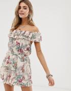 En Creme Floral Bardot Romper With Ruffle Detail-multi