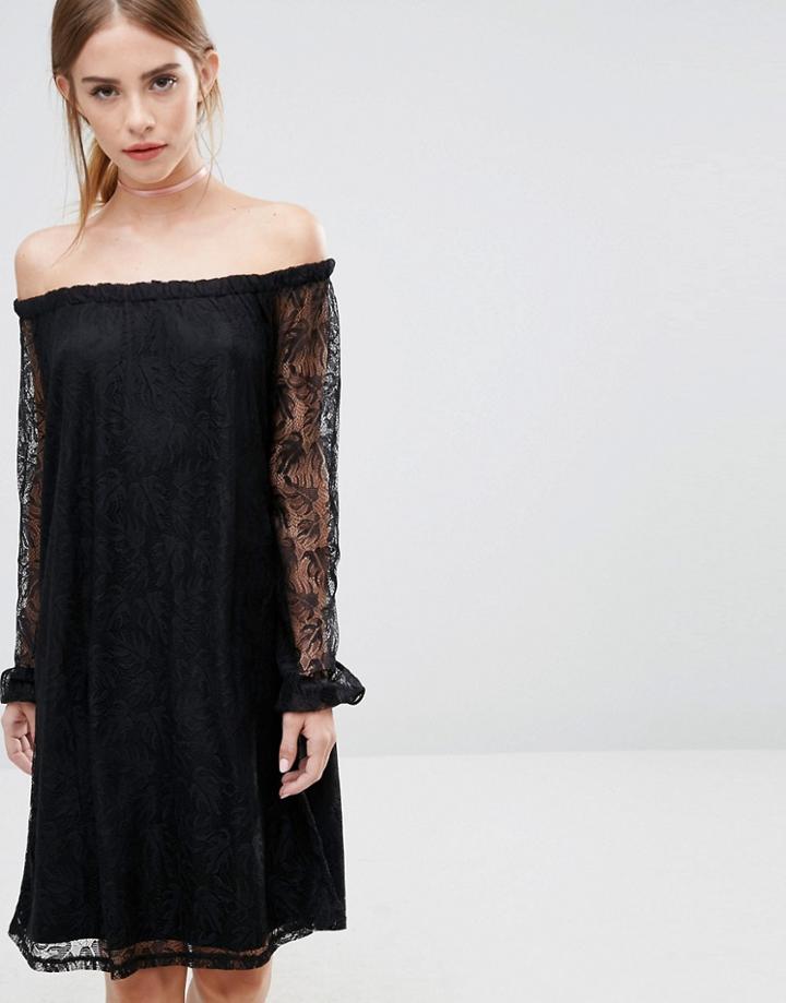 Vila Off The Shoulder Lace Dress - Black