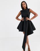Asos Design High Neck Mini Skater Dress With Asymmetric Hem-black