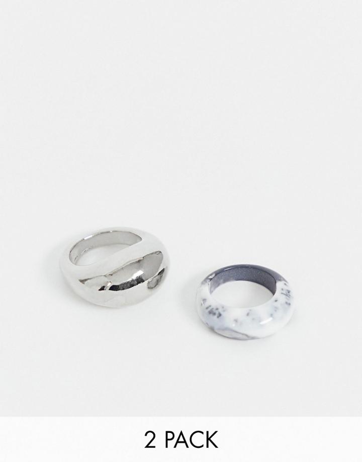 Asos Design Pack Of 2 Rings In Marbled Resin And Sleek Graduated Design In Silver - Silver