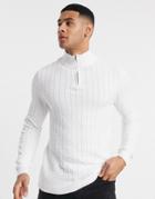 Asos Design Muscle Fit Lightweight Cable Half-zip Sweater In White