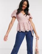 Lipsy Lace Wrap Blouse With Puff Sleeves In Pink