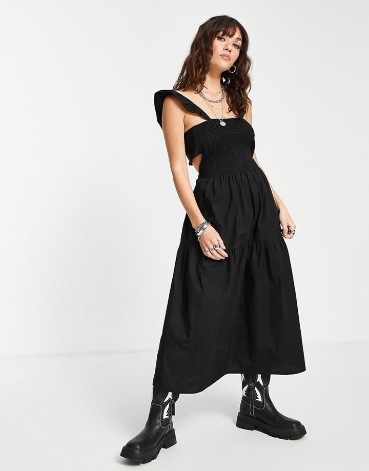Topshop Recycled Cotton Poplin Shirring Dress With Spot Tie Back Bow In Black