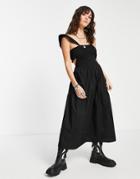 Topshop Recycled Cotton Poplin Shirring Dress With Spot Tie Back Bow In Black