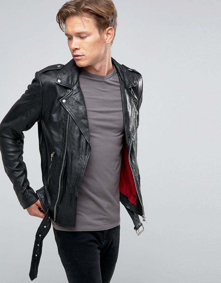 Goosecraft Leather Belted Biker Jacket Asymmetric Zip In Black - Black
