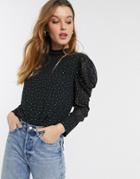 River Island Puff Sleeve Embellished Top In Black