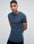 Asos Longline Muscle T-shirt With Distressed Center Front Detail In Blue - Blue