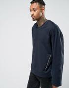 Asos Oversized V Neck Sweatshirt With Woven Panel & Zips - Navy