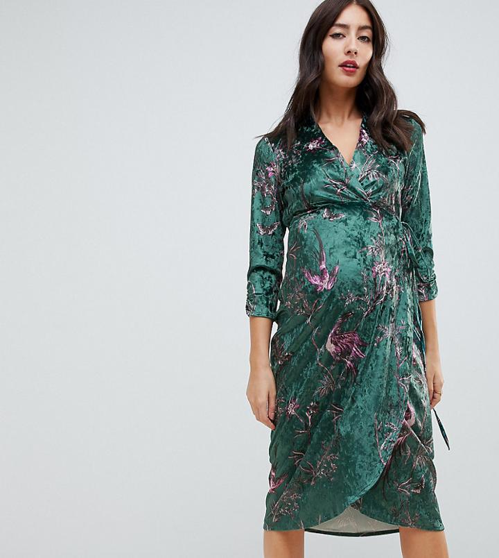 Hope & Ivy Maternity Long Sleeve Wrap Front Velvet Midi Dress In Bird Print - Multi