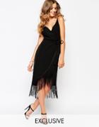 Goldie Wrap Dress With Fringe Asymmetric Hem - Black $38.00