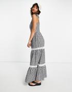 River Island Gingham Plaid Tiered Midi Dress In Navy