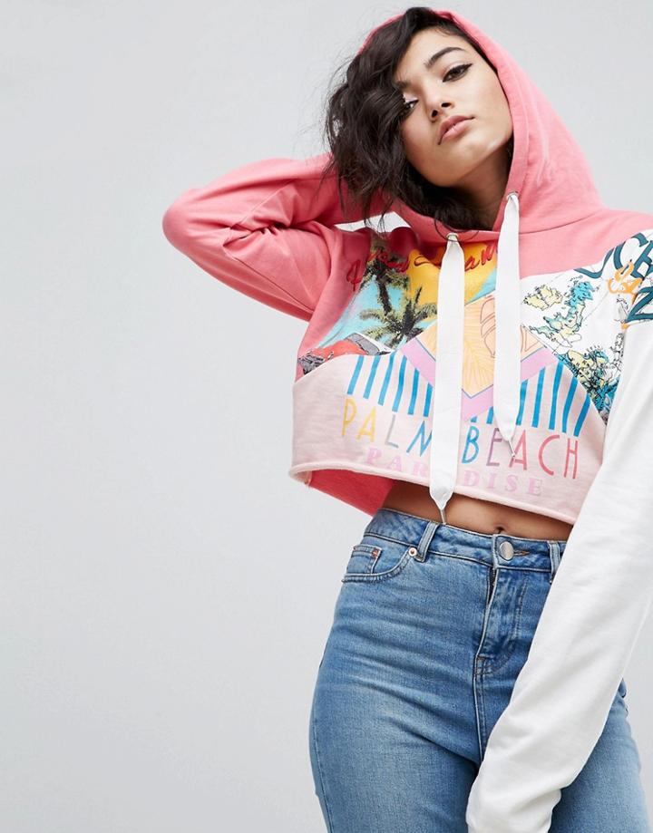 Asos Crop Hoodie With Spliced Miami Surf Motif - Multi