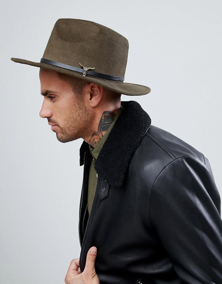 7x Fedora With Bull Brooch - Green