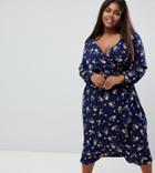 Influence Plus Floral Midi Wrap Dress With Ruffle - Navy