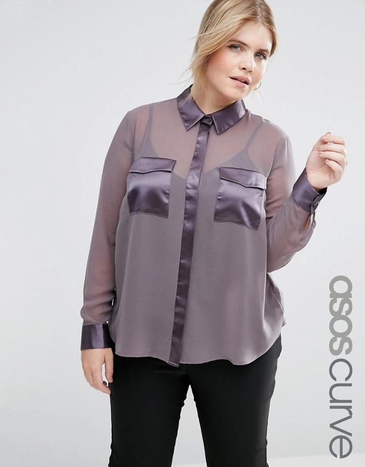 Asos Curve Sheer Blouse With Satin Pockets - Gray