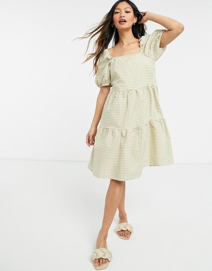Y.a.s. Gingham Puff Sleeve Mini Smock Dress In Sage-neutral