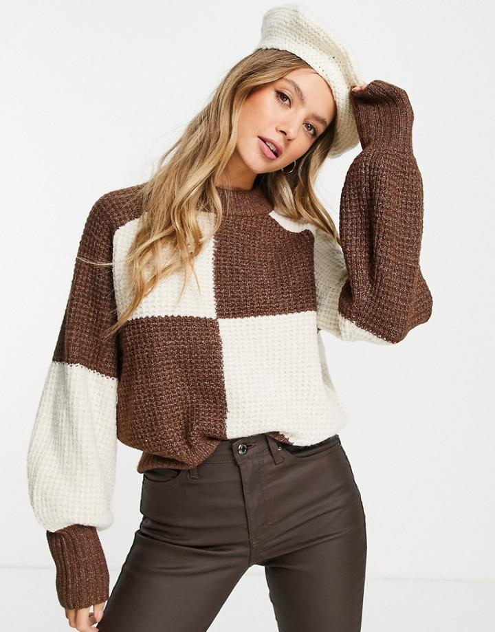 Monki Recycled Color Block Sweater In Brown And Off White-multi