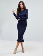 Club L Office Long Sleeve Detailed Dress With Peplum Frill Hem Bodycon Midi Dress - Navy