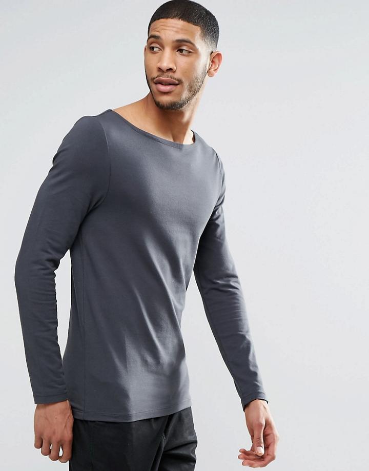 Asos Muscle Long Sleeve T-shirt With Boat Neck In Washed Black - Washed Black