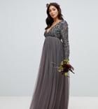 Maya Maternity Long Sleeve Wrap Front Maxi Dress With Delicate Sequin And Tulle Skirt In Charcoal - Gray