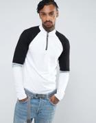 Asos Long Sleeve T-shirt With Zip Turtleneck And Color Block Sleeves - White