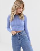 Pull & Bear Lightweight Cable Cropped Sweater In Blue - Blue