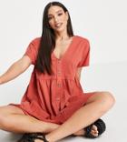 Asos Design Tall Button Through Mini Smock Dress In Ginger-orange