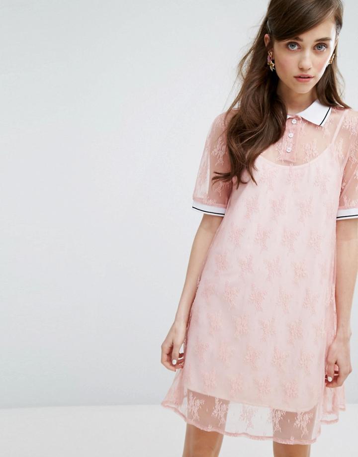 Sister Jane Turtleneck T-shirt Dress In Lace With Slip - Pink