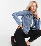 River Island Petite Frill Collar Denim Jacket In Mid Blue-blues