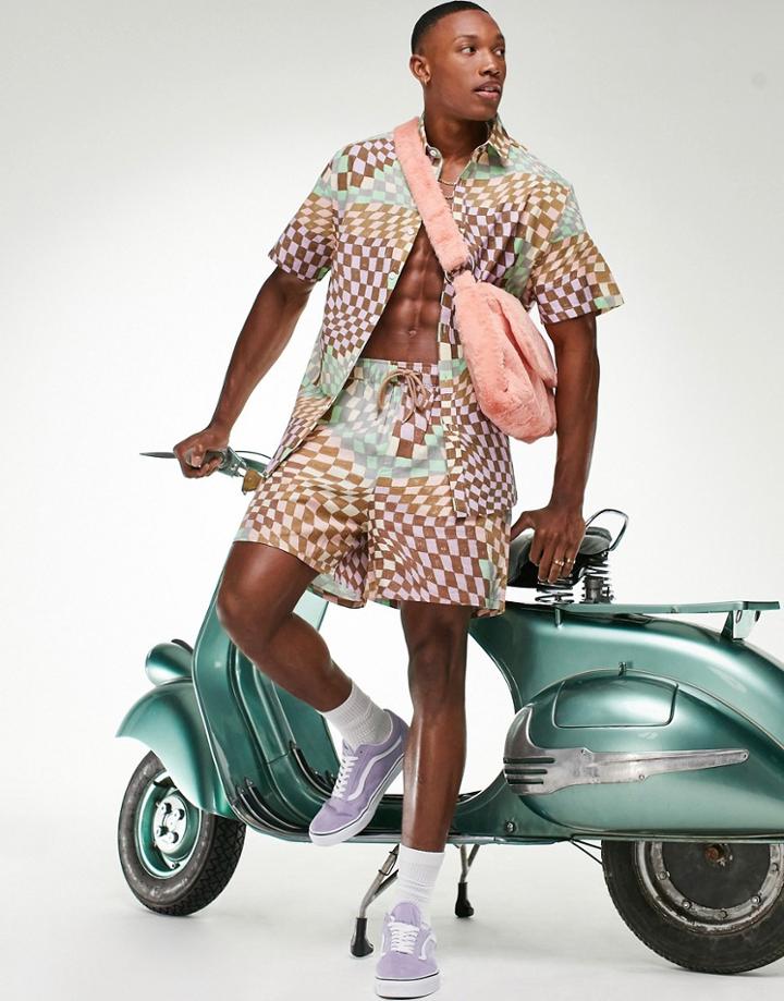 Asos Design Wide Shorts In Linen Mix Fabric With Checkerboard Print - Part Of A Set-multi