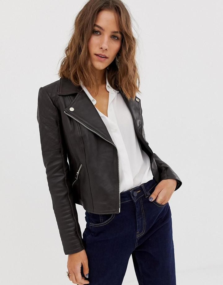 River Island Leather Biker Jacket In Chocolate-brown