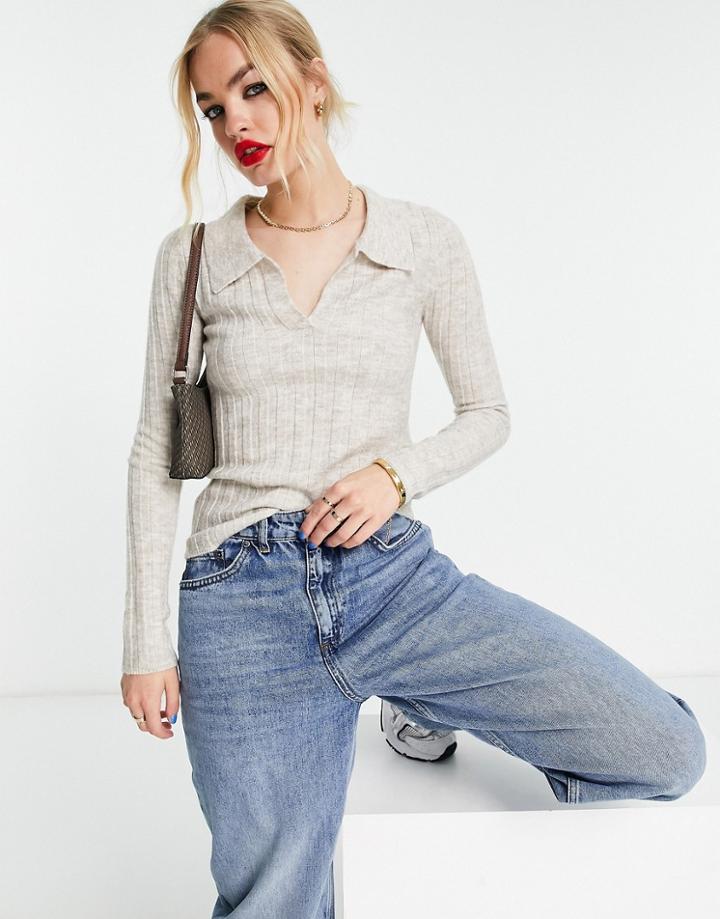 Asos Design Open Collar Rib Sweater In Oatmeal-neutral