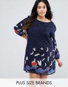 Yumi Plus Long Sleeve Shift Dress In Eastern Sunset Border Print - Navy