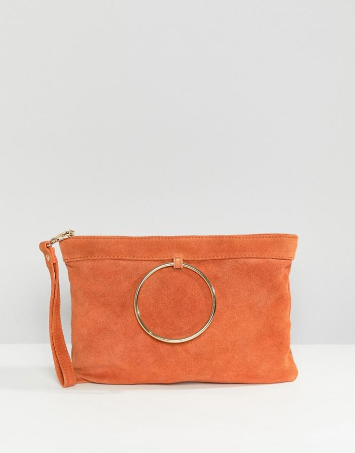 Asos Design Zip Top Suede Clutch Bag With Ring Detail - Orange