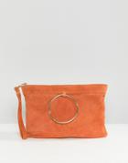 Asos Design Zip Top Suede Clutch Bag With Ring Detail - Orange