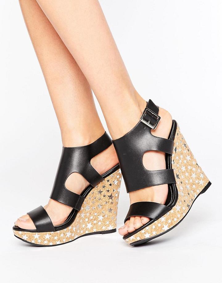 Missguided Star Foil Printed Wedge Sandal - Black