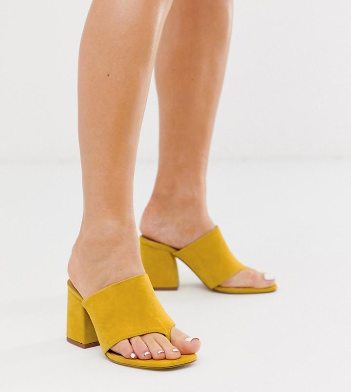 Asos Design Wide Fit Waterfall Suede Heeled Sandals In Mustard-yellow
