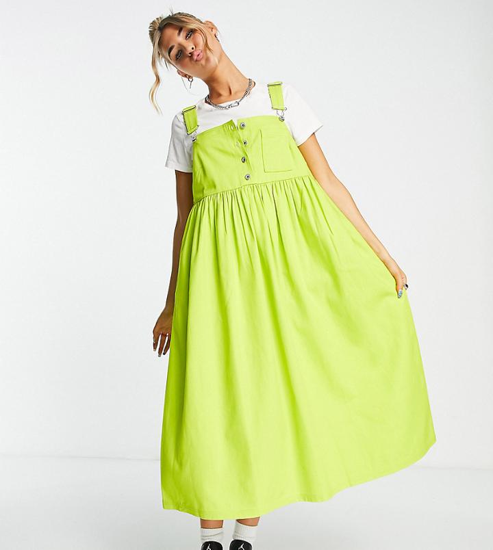 Collusion Overall Smock Midi Dress In Lime Green