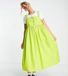 Collusion Overall Smock Midi Dress In Lime Green