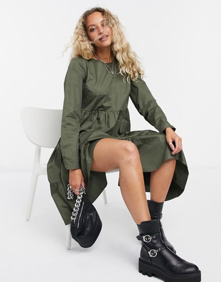 Vila Tiered Smock Dress In Khaki-green