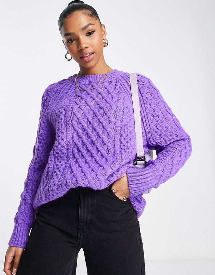 Topshop Knitted Oversized Cable Sweater In Purple